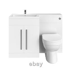 Meuble vasque et toilettes BTW en L blanc brillant, avec unité de toilette en forme de L à main gauche