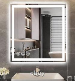 Miroir de salle de bain LED 24 x 24, éclairage avant et arrière, à intensité variable, 3 couleurs, verre trempé