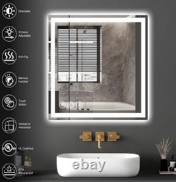 Miroir de salle de bain LED 24 x 24, éclairage avant et arrière, à intensité variable, 3 couleurs, verre trempé