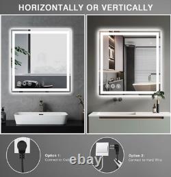 Miroir de salle de bain LED 24 x 24, éclairage avant et arrière, à intensité variable, 3 couleurs, verre trempé