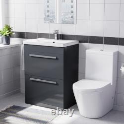 Nes Home Lavabo de meuble à 2 tiroirs gris foncé 600 mm et toilettes à cuvette rapprochée