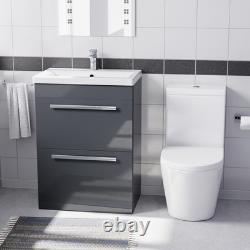Nes Home Lavabo de meuble à 2 tiroirs gris foncé 600 mm et toilettes à cuvette rapprochée