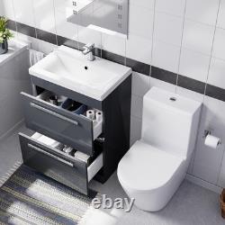 Nes Home Lavabo de meuble à 2 tiroirs gris foncé 600 mm et toilettes à cuvette rapprochée