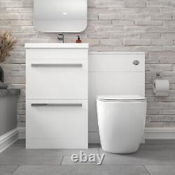 Nes Home Meuble Lavabo Autoportant Blanc 1000mm avec 2 Tiroirs et Toilette Adossée au Mur