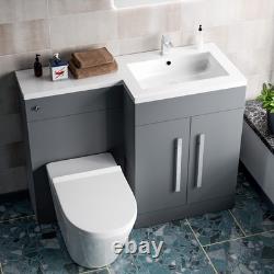 Nes Home Meuble Vasque WC 1100mm Droit Mat Gris avec Toilettes Sans Bordure Adossées au Mur