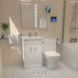 Nes Maison en forme de L avec baignoire LH, douche apparente, vasque blanche, robinetterie, toilette BTW