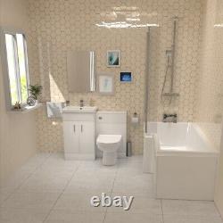Nes Maison en forme de L avec baignoire LH, douche apparente, vasque blanche, robinetterie, toilette BTW