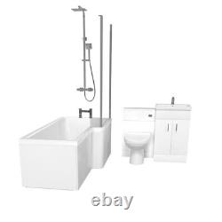 Nouveau domicile en forme de L avec bain RT, douche exposée, meuble-lavabo blanc, robinets, toilettes BTW