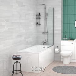 Salle de bains NES avec mitigeur de douche, pare-douche, meuble vasque, WC à poser adossé au mur et ensemble de robinetterie