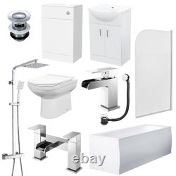 Salle de bains NES avec mitigeur de douche, pare-douche, meuble vasque, WC à poser adossé au mur et ensemble de robinetterie