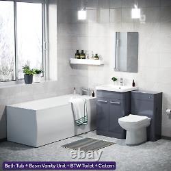 Suite de salle de bain 3 pièces gris acier avec meuble de 600 mm, WC, toilette BTW et baignoire droite