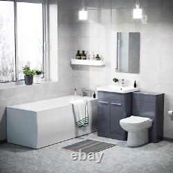 Suite de salle de bain 3 pièces gris acier avec meuble de 600 mm, WC, toilette BTW et baignoire droite