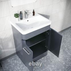 Suite de salle de bain 3 pièces gris acier avec meuble de 600 mm, WC, toilette BTW et baignoire droite