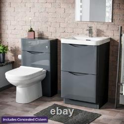 Unité de lavabo vanity Merton 500 mm à 2 tiroirs, meuble WC et WC dos au mur Elso gris