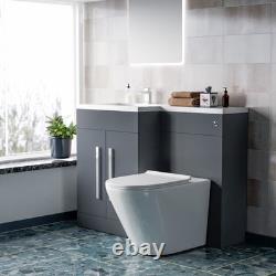 Unité de meuble lavabo Nes Home 1100mm LH en gris mat et toilettes sans bride à poser contre le mur.
