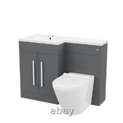 Unité de meuble lavabo Nes Home 1100mm LH en gris mat et toilettes sans bride à poser contre le mur.