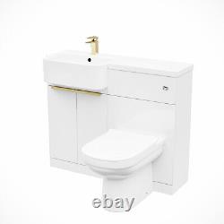 Unité de toilette avec lavabo White LH Vanity avec poignées en laiton brossé, robinet et toilettes