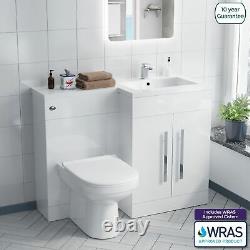 Unité de vanité de salle de bain en forme de L avec lavabo à droite et toilettes BTW WC de 1100 mm de couleur blanche Debra.
