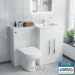 Unité de vanité de salle de bain en forme de L avec lavabo à droite et toilettes BTW WC de 1100 mm de couleur blanche Debra.